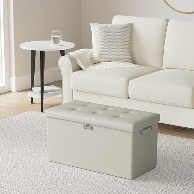 DocSafe Storage Ottoman Bench with Lock,Fireproof 30 Inches Folding Bench Foot Rest Stool Storage Chest Safe for Living Room,Bedroom,Home Office,Waterproof Leather Ottoman with Handles,Beige
