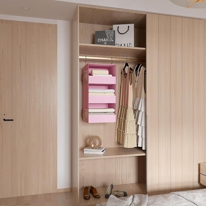 3-Shelf Hanging Closet Organizer, Washable Foldable Storage Shelves, Pink | Front lip keeps items secure; side pockets add room; Oxford fabric handles towels, shirts, baby items, dorms, RVs or travel.