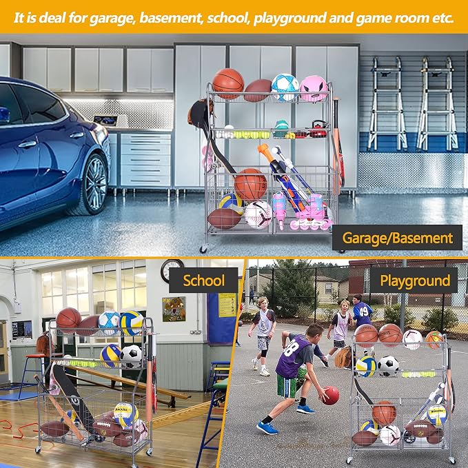 Kinghouse Garage Ball Organizer, Includes Storage Bin, Bat Holder, Hooks | Rolling Sports Equipment Organizer with Wheels, for Basketball, Toys, for Garage, Indoor, Gym, Outdoo