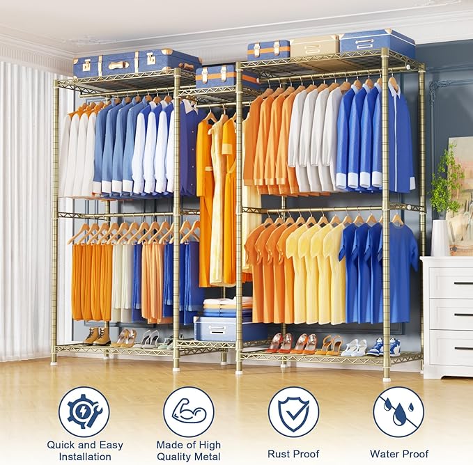 E12 Pro Clothes Rack，Heavy Duty Freestanding Garment Rack with Shelves，Metal Clothing Closet Storage System for Hanging Clothes，71" W x 16" D x 76.5" H, Hold 960 lbs，Gold