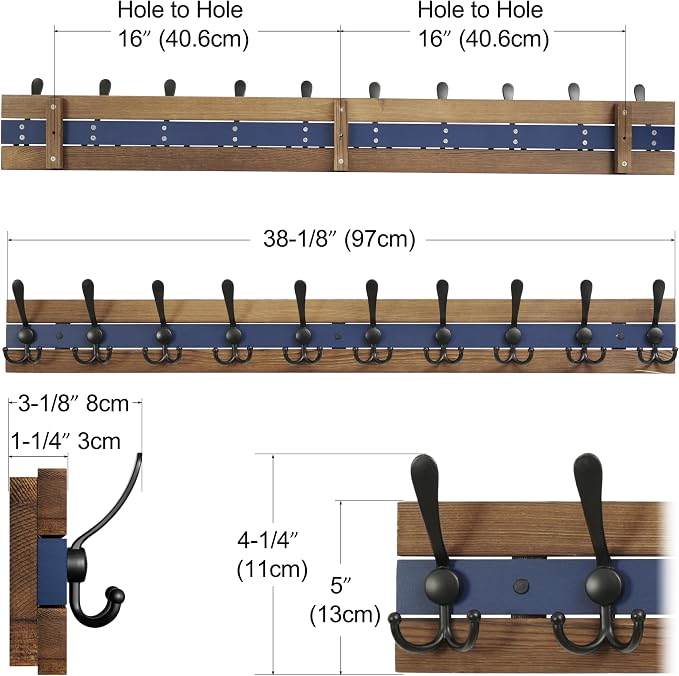 SKOLOO Rustic Wall Mounted Coat Rack - 38-1/8" Long Coat Hooks for Wall with 10 Triple Hooks for Hanging Coats, Hats or Tools, Western National Parks Collection, Wood Brown & Blue