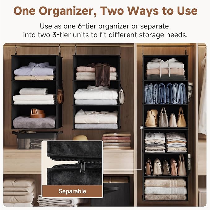 StorageWorks Hanging Closet Organizer 6-Shelf, Jumbo Separable Two 3 Shelf Closet Storage Organizer with Side Pockets, Portable Hanging Shelves for Wardrobe, RVs, 13 "D x 15 "W x 47 ¼"H, Black