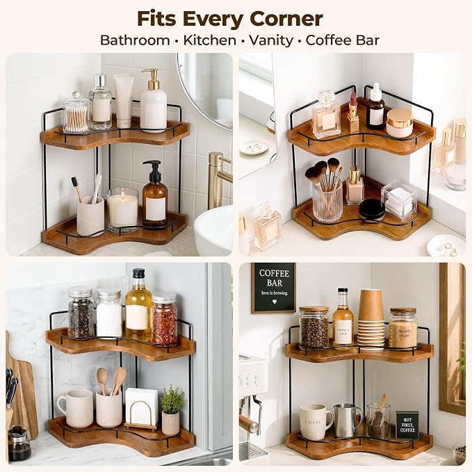 Rofio 2-Tier Corner Bathroom Counter Organizer with Solid Wood Shelf | Natural wood vanity storage rack for skincare & makeup. Fits bathroom, kitchen, bedroom & countertop corners.