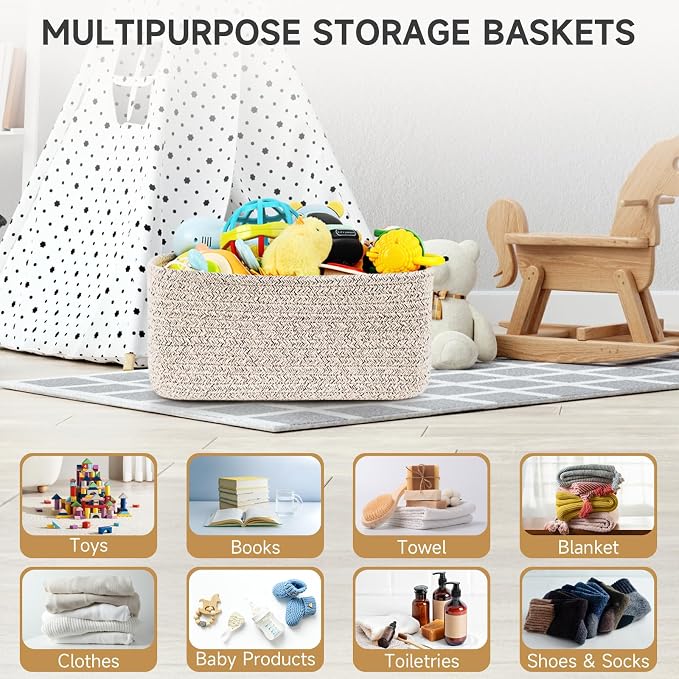 3-Pack Storage Baskets for Organizing | Woven Shelf Toy Basket | Rope Baskets for Gifts Empty | Closet Organizer Bins with Handles | Cube Decorative Box | 13.7×7.1×6.7” | Mixed brown