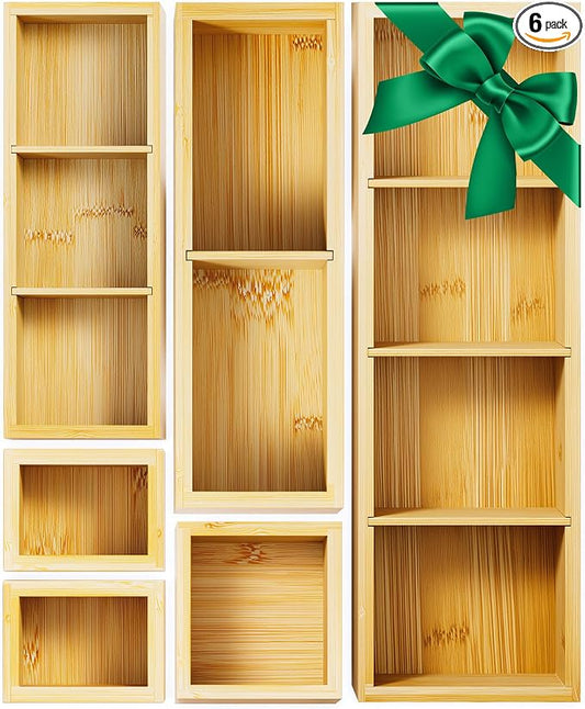 Bamboo Drawer Organizer Set, 6 PCS Desk Drawer Organizer Trays with 12 Compartments, Wood Storage Boxes for Junk Drawer, Kitchen Utensils, Office Supplies, Makeup, Jewelry, Bathroom