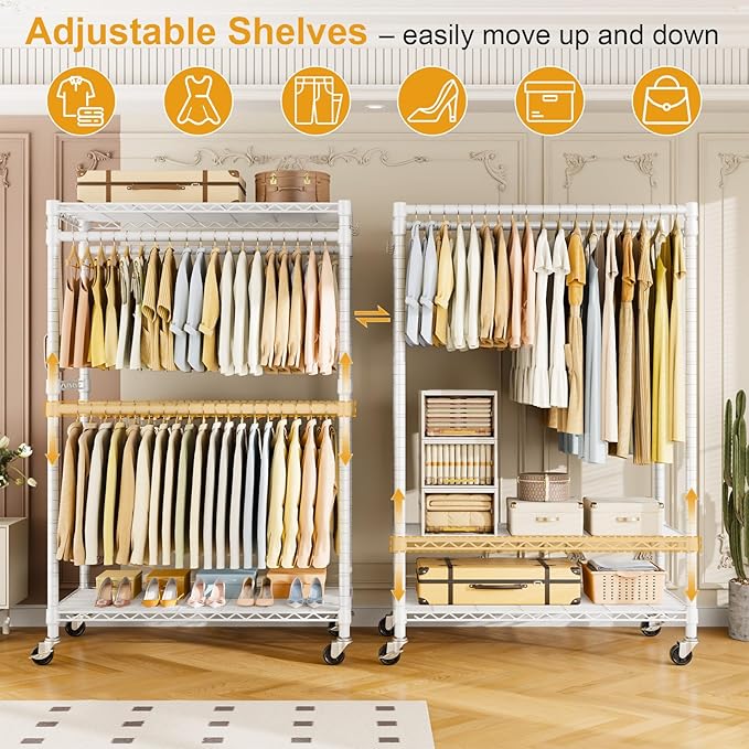 ULIFHOME Rolling Clothes Rack, Clothing Racks for Hanging Clothes, White | P4 Plus Heavy Duty Garment Rack with Wheels, Free Standing Portable Closet Racks 45''W × 20.5''D × 80.5''H, Max Load 570 Lbs