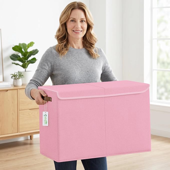 Bagnizer Large Toy Storage Box with Lids, Collapsible Sturdy Baby Storage Organizer Chest Bin Basket for Kids, Boys, Girls, Playroom, Nursery, Bedroom, Closet 25"x13"x16" (Pink)