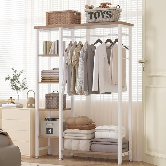 VECELO Open Garment Clothing Rack, Free-Standing Heavy Duty Storage Closet with 5 Shelves and Hanging Rod for Small Spaces, Max Load 350LBS, Nature White