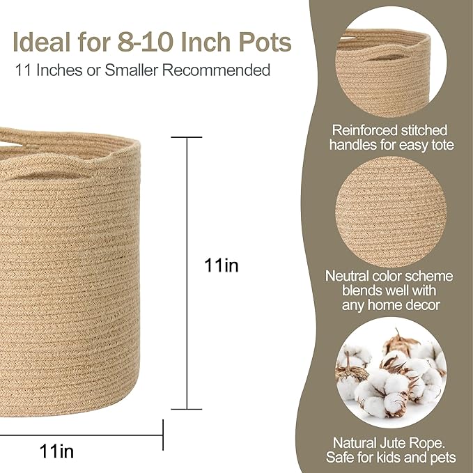 MEGASKET Woven Jute Plant Basket, Wicker Basket Planter for 10 inch Pot, Round Indoor Tree Pot Cover, Small Boho Storage Bin Organizer, Rustic Baskets for Plants and Home Decor, 11”X11”