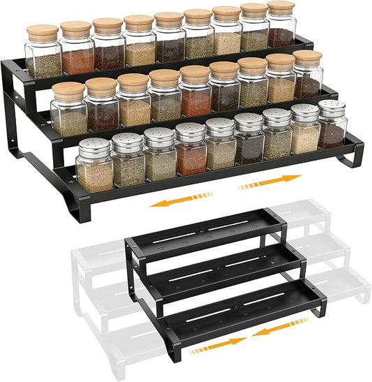 Spice Rack Organizer for Cabinet, 13-21.5" Expandable Spicy Shelf | 3-Tier Metal Seasoning Organizer, Kitchen Spice Organization, Slip-Resistant Guardrails for Jars, Bottles and Cans, Black