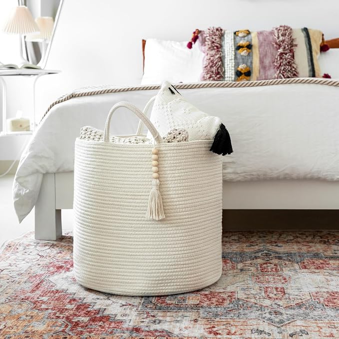 Mkono Tall Laundry Basket Woven Decorative Rope Storage Basket Wooden Bead Decoration for Blankets Toys Clothes Shoes Organizer Bin with Handles Living Room Home Decor, 15" W x 17.7" L, White | White, Cotton, Decorative Basket with Handle, Wood Beads T...