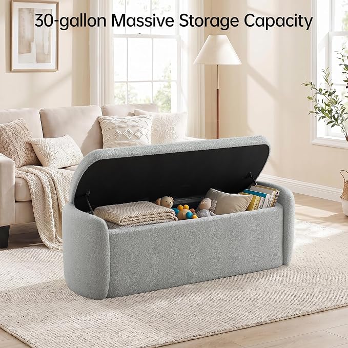 VKNOW Storage Bench, Upholstered Storage Ottoman Bench with Hinge, Grey | Ottoman Bench with Large Capacity, Curved Frame, King Size Bench, Storage Bench for Bedroom, Living Room, Entryway, Window