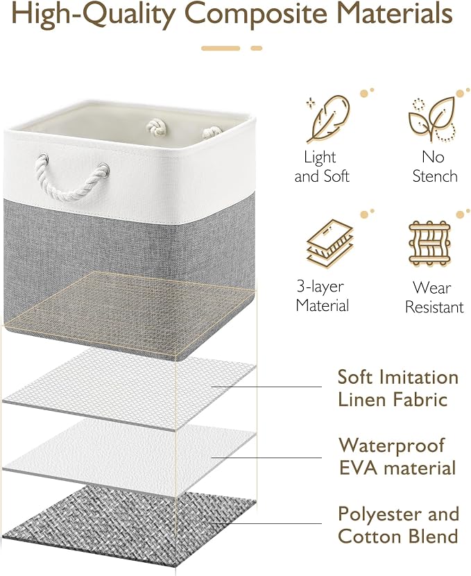 Patvingot 13-Inch Fabric Cube Storage Bins with Handles,4 Pack,Foldable | For cube shelves and closets,keeps grouped for everyday access,reinforced opening and fold-flat storage,white and gray