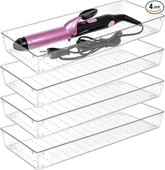 Manalete 4 Pcs Large Clear Plastic Drawer Organizer,15"x6" Vanity Organizer | Durable Clear PET Storage Bins Tray for Desk, Kitchen & Bathroom, Office, Tools, Easy Clean, Stackable, BPA-Free
