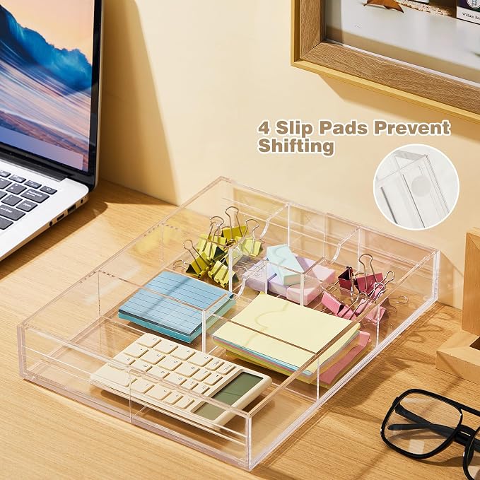 Briwooody Clear Acrylic Drawer Organizer Expandable,8 Compartments,Large | 9'' up to 18'' x 12'' x 2.1'' Desk Drawer Organizer Trays Adjustable with Desk Accessories for Makeup Office Bathroom