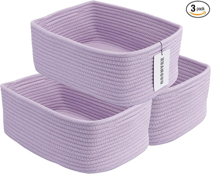 XUANGUO Small Woven Storage Baskets for Shelves, 13" x 9" x 5", Purple | Decorative rope storage bins for closets and toy storage; cute organizer baskets, empty gift baskets and nursery storage.