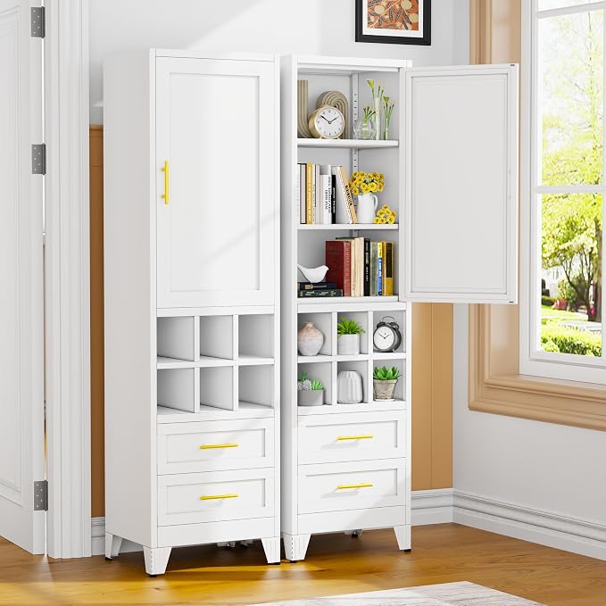 Tall Metal Narrow Storage Cabinet 67" H with 2 Drawer,White Kitchen Pantry Cabinets with 2 Adjustable Shelves and Door,Cuby Storage Orgainzer,Tall Bathroom Cabinet for Kitchen, Home Office,Dining Room
