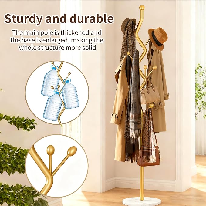 68.9 Inch Tall Modern Coat Rack,Gold Freestanding Coat Rack Tree,Heavy-Duty Metal Coat Rack Freestanding with Sturdy Marble Base for Entryway,Hallway,Bedroom,Holds Coats Hats Bags Scarves