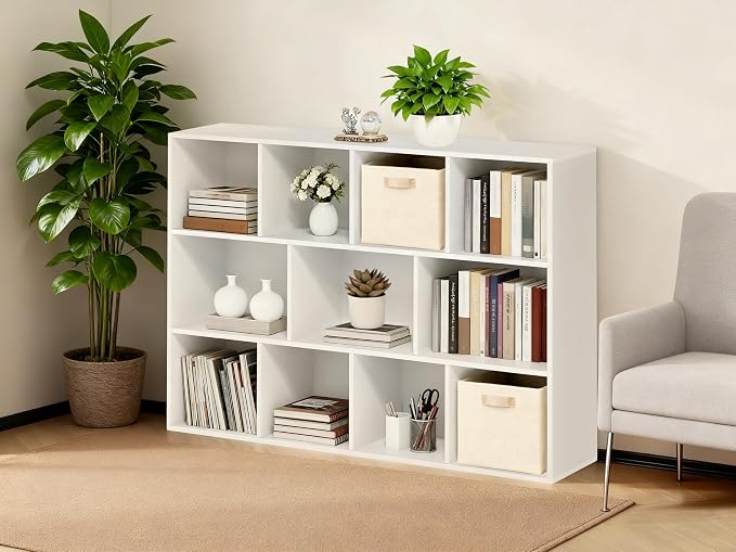 Whitmor 11 Cube Storage Organizer, 4 Tier Stackable Bookcase, Open Storage Display Bookshelf, Storage Cabinet for Living Room, Bedroom, Home, Office, 29.1" L x 9.4" W x 41.7" H, White