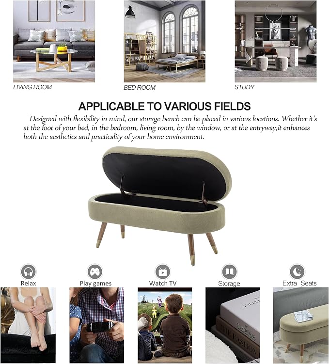 IAFIKE Oval Storage Bench 43.5" Ottoman Bench Upholstered Boucle Fabric Footrest Bench with Golden Metal Legs End of Bed for Bedroom, Living Room, Entryway,Bed Side (Green)