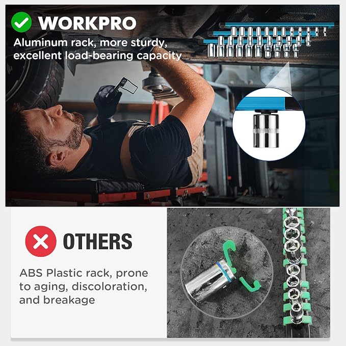 WORKPRO Magnetic Socket Organizer, Heavy Duty 1/2-Inch Drive Socket Rail | 1 Piece Socket Holder with 10 Spots, Aluminum Alloy, Rotatable & Movable Clips, Efficient Organization