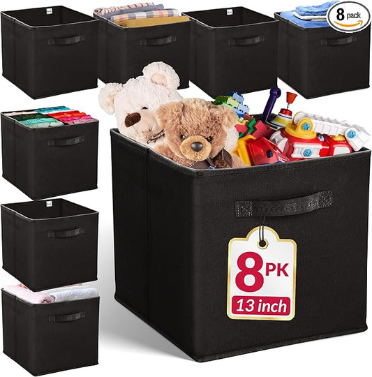 Reli. 13x13x13 Storage Cube Bins (8 Pack) | Large Cube Organizer Bins | Fits Kallax | Collapsible, Foldable Fabric Cubby Box (Square) | 13x13 Fabric Storage Boxes | Kids Room Organization (Black)