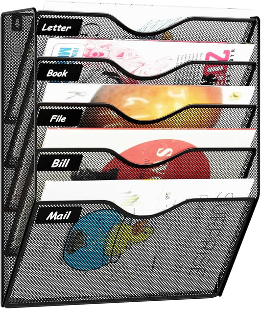 5 Pockets Hanging Wall File Organizer Mail Holder, Wall Mounted Paper Document Folder Holder, Clipboard Storage Organization Magazine Rack, Black