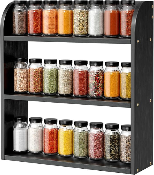 ROMGUAR CRAFT 3 Tier Bamboo Spice Rack, Countertop or Wall Mounting Wood Spice Jars Organizer Shelf for Kitche, Pantry (Black)