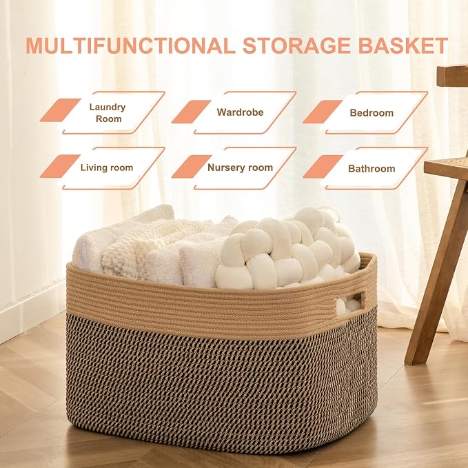 75L Large Cotton Rope Basket, Soft Toy Storage Bin for Nursery & Living Room, Decorative Blanket Basket for Bedroom, Baby-Safe Organizer for Pillows &Laundry, 22''×17''×12'', Brown & Black