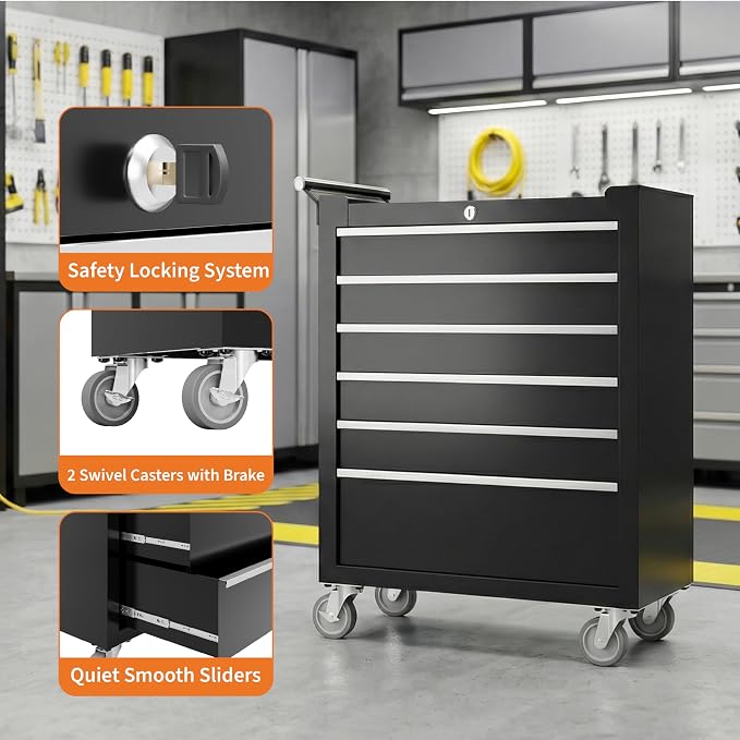 Garvee Rolling Tool Chest, 6 Drawers Tool Storage Cabinet, Toolbox with Wheels, Portable Tool Cabinet Organizer with Locking System & Drawer Liners, Tool Storage Cart for Garage, Workshop, Black