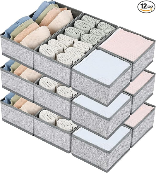 DIMJ Drawer Organizers for Clothing, Set of 12 Dresser Drawer Organizers, Fabric Closet Organizers and Storage, Drawer Dividers for Baby Clothes, Socks, Belt, Tie (Blended)