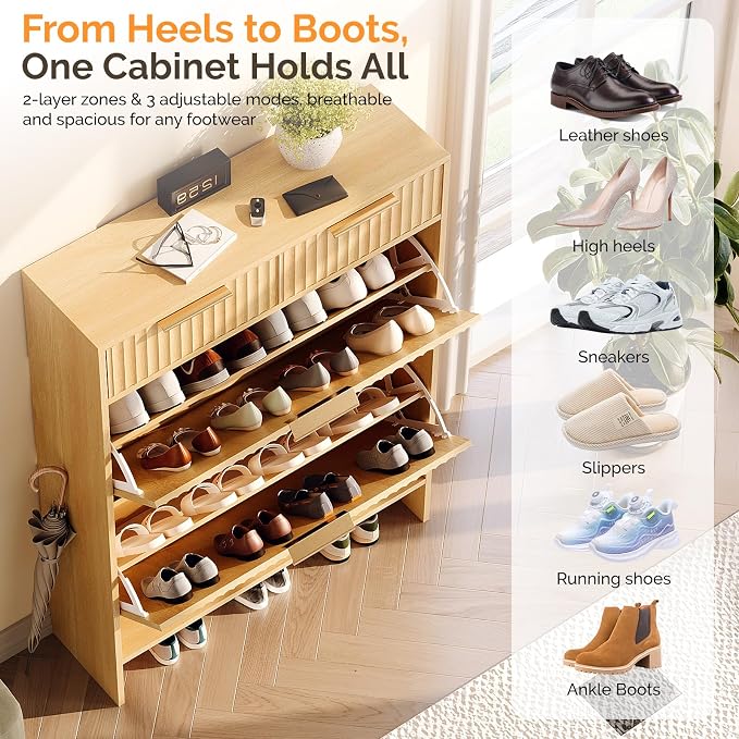 VINGLI Fluted Shoe Cabinet for Entryway, Slim Shoe Storage Cabinet with 2 Flip Drawers & 2 Top Drawers, Modern Hidden Shoe Rack Organizer with Adjustable Shelves, Narrow Freestanding Console, Oak
