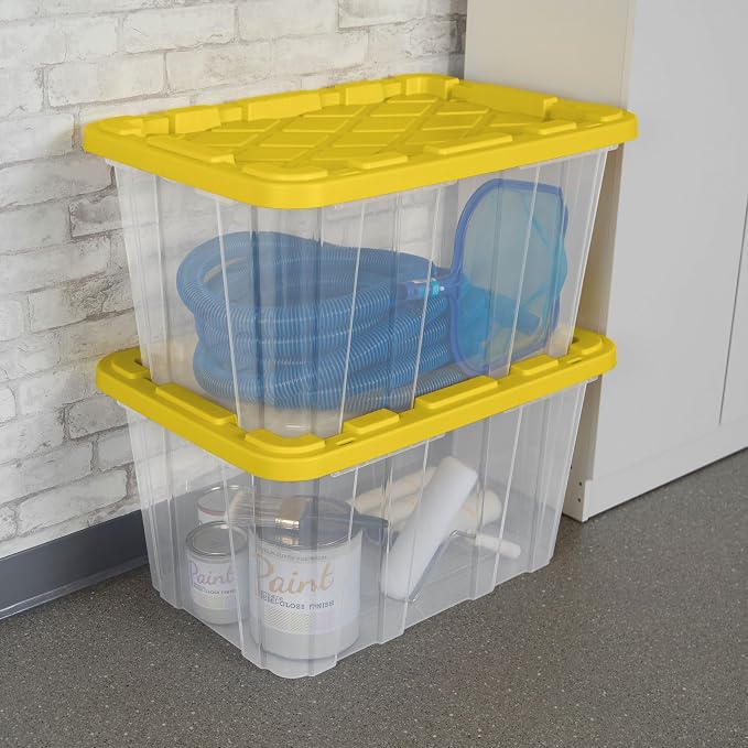 Sterilite Industrial Storage Box with Lids for Garage, 27 Gallon, 4-Pack | Heavy-Duty and Stackable Utility Box Containers for Home, Office, and Basement Organization, Yellow