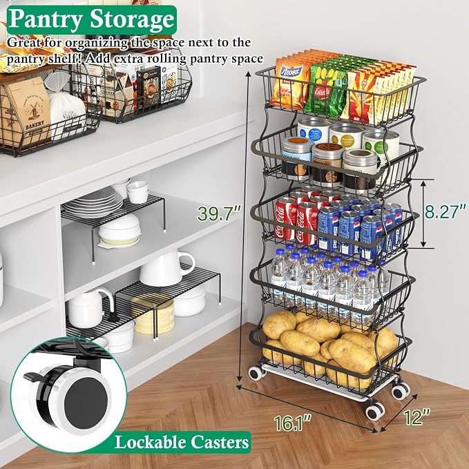 OKZEST 5 Tier Fruit Basket for Kitchen, Stackable Bins Wire Rack with Wheels, Fruit and Vegetable Storage Basket Pantry Food Snack Organizer Shelf, Kitchen Storage Cart for Onion and Potato, Produce | Kitchen pantry organizer rack with dirt catch tray,...