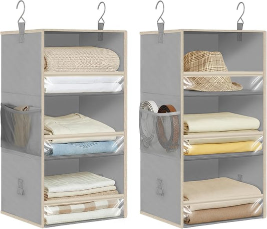 STORAGE MANIAC 6-Shelf Hanging Closet Organizer and Storage, 2 Separable 3-Shelf Haning Organizers for Closet, Collapsible Hanging Shelves Wardrobe Organization, College Dorm Room, Nursery, Gray