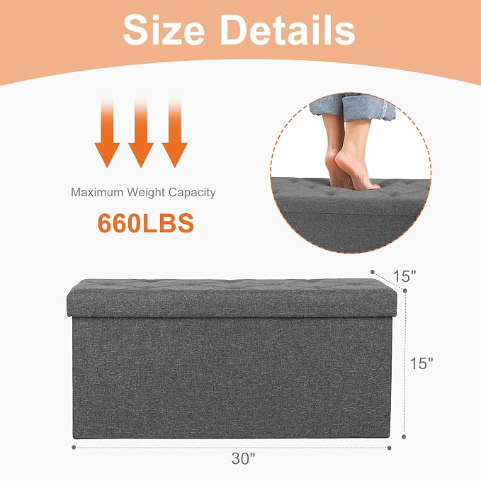 Sweetcrispy 30 Inch Folding Storage Ottoman Bench, Ottoman with Storage | Large Hidden Storage Chest with Padded Seat, Foot Rest Stool, End of Bed Bench for Bedroom, Living Room, Linen Fabric, Gray