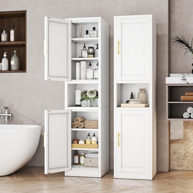 Tall Metal Narrow Bathroom Storage Cabinet 67" H, Tall White Pantry Cabinets with 4 Adjustable Shelves and 2 Doors for Kitchen, Home Office, Living Room, Dining Room(16 inches Wide)