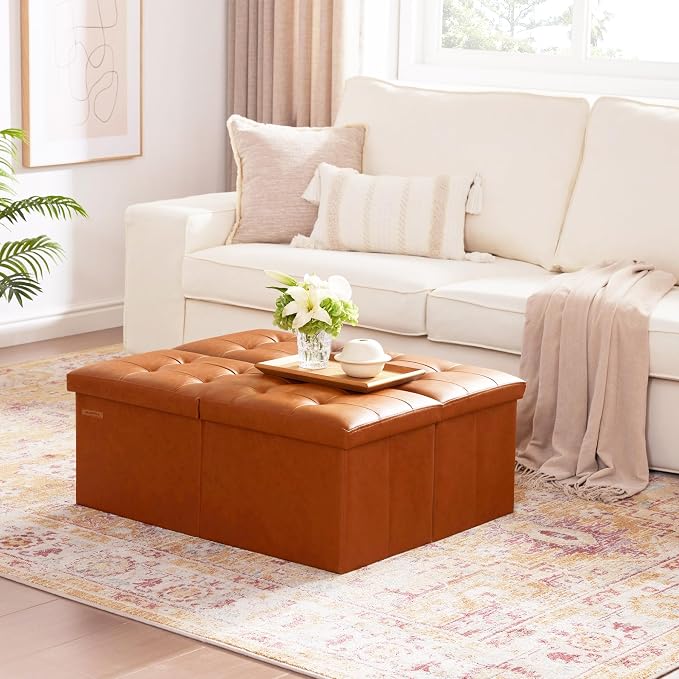 HAUSFRAU Ottoman with Storage Bench Folding Foot Rest Stool Cognac Brown | 31.5", Flip Lid, Small Upholstered Foldable Footrest Footstool, Bedroom Bench, Living Room Dorm Ottoman, Faux Leather