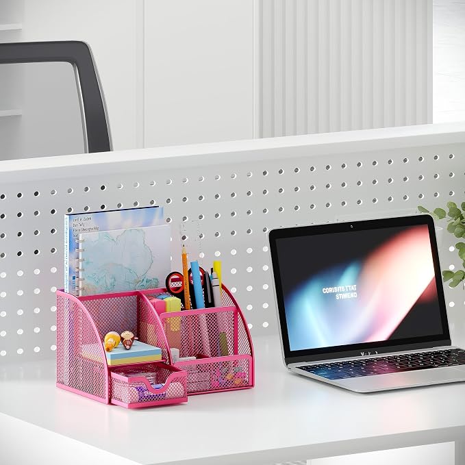 EasyPAG Mesh Desk Organizer with Drawer Multi-functional Pen Holder Stationery Organizer for Office School Supplies 6 Compartments Dorm Organizers and Storage for Desk, Hot Pink