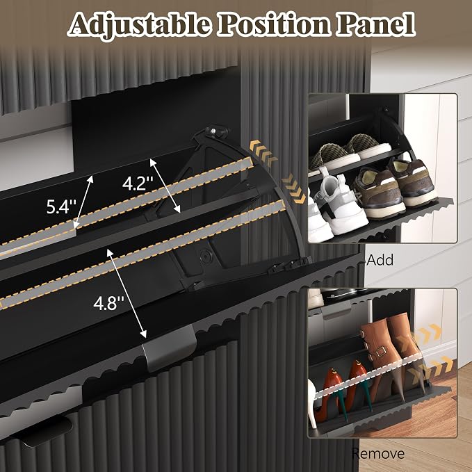 Shoe Cabinet Storage for Entryway with 3 Flip Drawers & Side Cabinet, Fluted Narrow Shoe Organizer with Wooden Leg, Freestanding Shoe Storage Hidden Shoe Rack Organizer for Front Door Entrance, Black