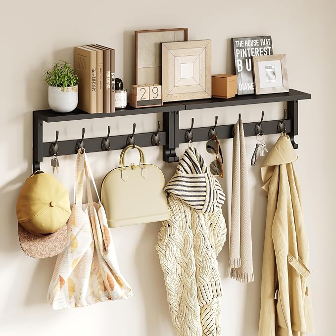 AMBIRD Coat Rack Wall Mount with Shelf, 17.1 Inches Coat Hooks Wall Mounted, Hat Wall Hooks for Hanging in Entryway, Living Room, Bathroom, Bedroom (Black)