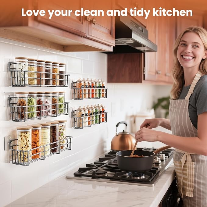 Mystozer 5 Pack Spice Rack Seasoning Organizer Wall Mount, Spice Storage Spice Rack Organizer Pantry Door Organizer Screw or Adhesive Hanging Shelf Basket Spice Organizer Shelf for Kitchen (Gray)