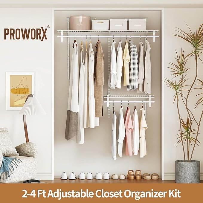 PROWORX 2-4 Ft. White Custom Insert Wire Closet Organizer System Kit | Adjustable Wall Mounted Metal Wire Closet Shelving System, Closet Shelves with Hanging Rods for Pantry Laundry Mudroom