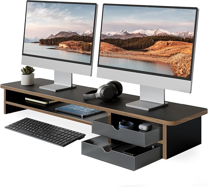 Fenge Monitor Stand, Desk Computer Riser with Frosted Storage Drawer, Black | 42.5 Inch Dual Monitor Riser, 2 Tiers, Cable Management, Desk Shelf for 2 Monitors, Ultrawide Screen, Laptop, TV, Home Office