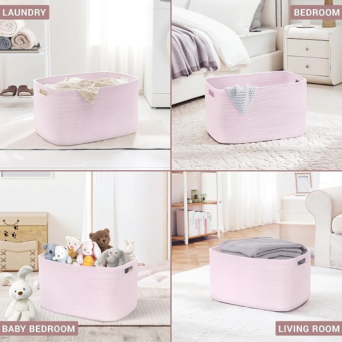 45L Small Woven Laundry Basket Hamper with Handles, Pink | collapsible wicker hamper, storage for dirty clothes, toys, blankets, gifts, living room, bedroom, bathroom, 18"x14"x11"