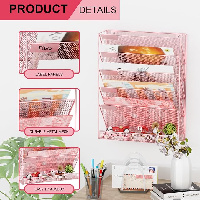 Wall File Organizer Holder Mesh Hanging Paper Document Holder, Vertical 6 Pocket Tier for Office Home, Light Pink