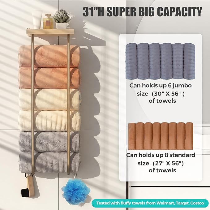 31" Towel Racks for Bathroom, Heavy-Duty Stainless Steel Holds 6 Large Rolled Towels,Wall Mounted Towel Holder with Shelf & Hooks,Extra-Wide Opening Wall Storage for Small Bathroom, Brushed Gold