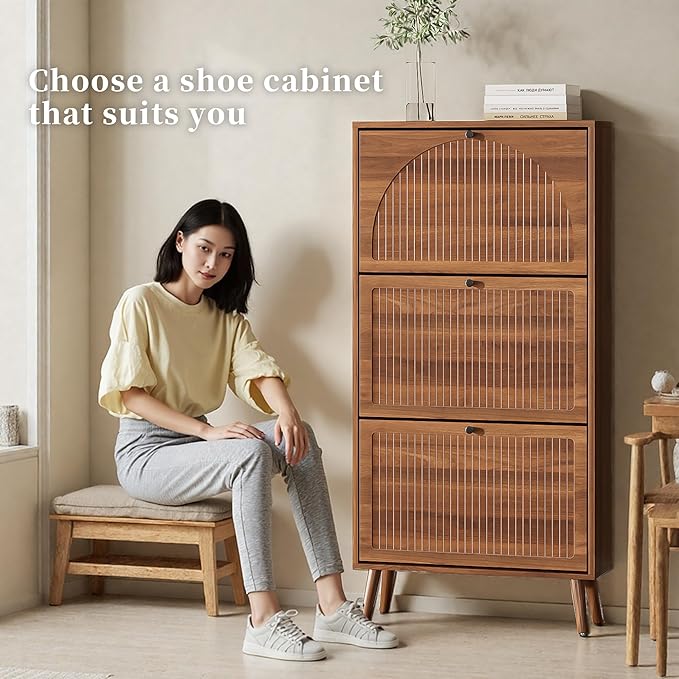 Fsbecl Shoe Storage Cabinet for Entryway with 3 Flip Drawers, Walnut | Narrow Single Layer Design, 23.6'' Freestanding Shoe Rack, Wooden Hidden Organizer for Hallway Foyer, 6-9 Pairs