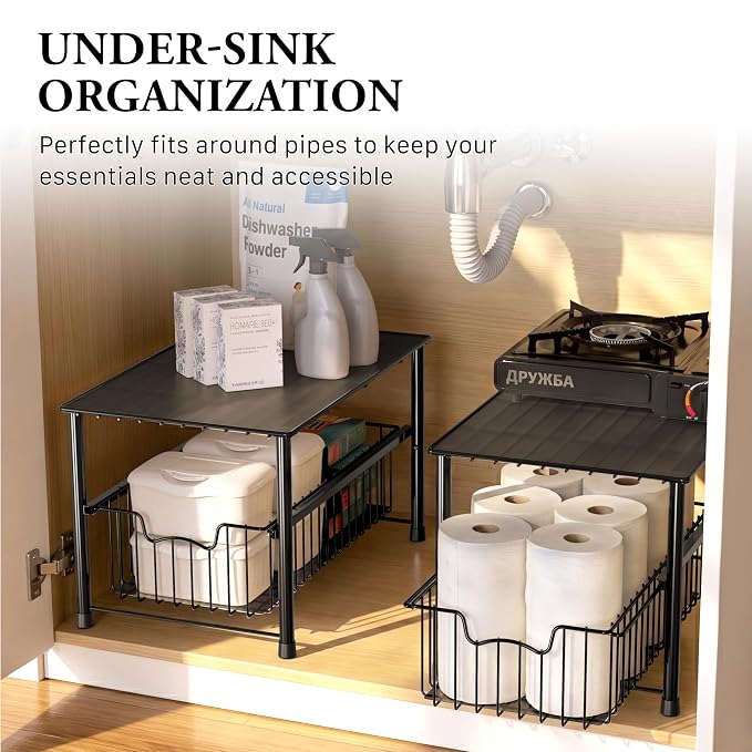 Simple Houseware Wired Stackable Under Sink Cabinet Sliding Basket, Black | Free Standing Organizer Drawer, Kitchen/Pantry/Cabinet/Counter
