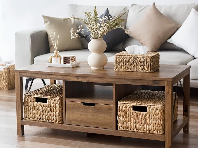 StorageWorks Large Water Hyacinth Baskets for Organizing, Wicker Basket with Lid for Shelves, Storage Basket with Lid and Built-in Handles, 1 Pack
